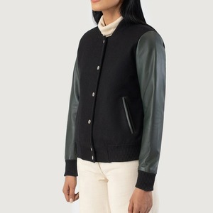 Black Breathable Embroidered Knitted Varsity <b>Jacket</b> PU <b>Leather</b> Sleeves Button Front Stand Collar Casual Regular Fit Autumn Wear - Product Image 4
