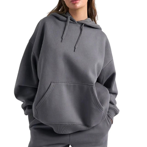 Sweat-shirt à capuche oversize pour femme, couleur unie, épaules tombantes, en molleton, avec poches, respirant, tricoté, pour l'hiver - Product Image 3