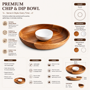 Juego de Cuencos para Servir Aperitivos de Madera de Acacia Premium con Cuenco de Cerámica para Salsas |   Bandeja de Servicio para Fiestas, Hecha a Mano, Apta para Alimentos - Product Image 5
