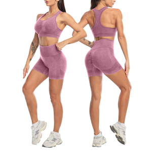 Women <b>Pink</b> Seamless Yoga <b>Set</b> Sports Bra High Waist Leggings 2 Piece Full Length Racerback Crop Top Breathable - Product Image 3