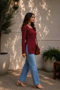 Kurti court imprimé en viscose pour femme, col carré, manches longues, haut ethnique décontracté pour le bureau et l'université - Product Image 4