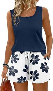 Ensemble 2 pièces pour femmes, haut sans manches à col rond, short fleuri, coupe ample, décontracté, printemps-été, tricoté en polyester - Product Image 5