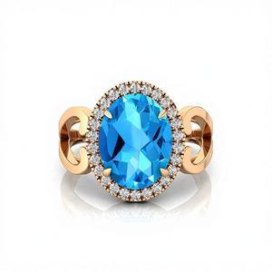 Superventas Diseño clásico Forma ovalada Topacio azul suizo natural Piedra preciosa y diamantes pavimentados Anillos solitarios de oro amarillo sólido de 14K - Product Image 1