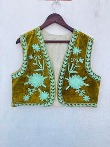 Olive Green Casual Velvet Cotton Floral Embroidered V-neck Pullover Short Vest Coat <b>Women</b> Ethnic Sleeveless <b>Waistcoat</b> Handmade - Product Image 1