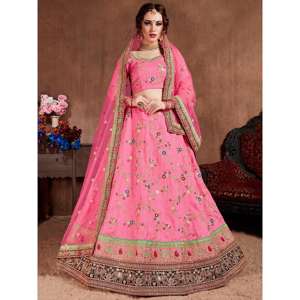 Vêtements de mariée brodés de créateur rose élégant Lehenga Choli pour les mariées et les mariés - Product Image 5