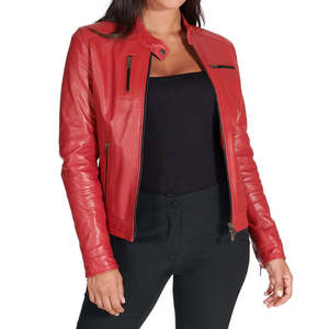 Veste Homme Hiver en Cuir Véritable Rouge Coupe Slim Col Montant Fermeture Éclair Couleur Unie Séchage Rapide Respirante - Product Image 4