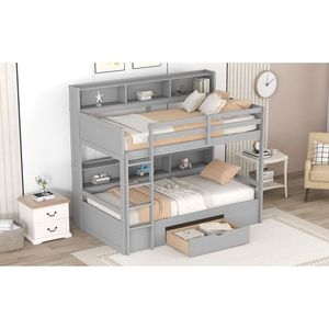 Letto a Castello Singolo Grigio con Scaffali Integrati e Cassetto Portaoggetti, Letti per Bambini con Comodità ed Efficienza Spaziale - Product Image 4