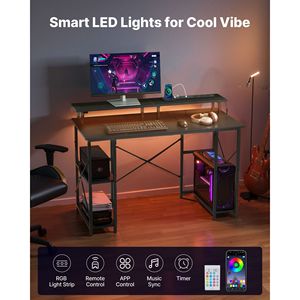 47\" LED-Lit Gaming <b>Desk</b> with Power Outlets 2-Tier Storage Shelves & Monitor Stand for Study & Work - Product Image 2