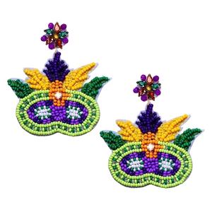 Bordado a mano semilla con cuentas Mardi Gras pendiente de diamantes de imitación Mardi Gras carta cuentas gota pendiente colgante brillante joyería de vacaciones - Product Image 3