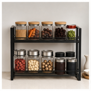Étagère à épices en métal à 2 niveaux pour comptoir et placard, organisateur de rangement de cuisine noir peu encombrant pour bocaux et bouteilles, en promotion - Product Image 2