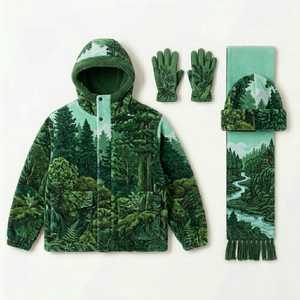 Parka de invierno con estampado forestal, con capucha, manga larga, gruesa, cálida, informal, con guantes, bufanda y gorro a juego - Product Image 1