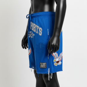 Shorts de malla de poliéster premium azules, transpirables, de secado rápido, con dobladillo desgastado, parche bordado, logotipo personalizado, shorts para mujer - Product Image 4