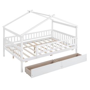 Letto a capanna in legno bianco a grandezza naturale con due cassetti per bambini - Product Image 5