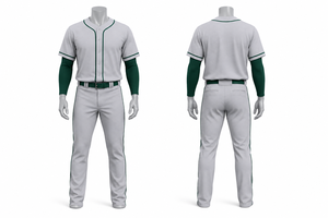 Uniforme de Béisbol para Hombre, Jersey Gris con Ribete Verde, Manga Corta, Cierre de Botones, Pantalones Transpirables de Poliéster con Cinturón, Corte Regular - Product Image 1