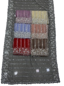 Sari élégant beige en résille avec broderie de perles, séchage rapide, pour mariage et soirée, style Bollywood, coupe classique, longueur ras du sol - Product Image 5