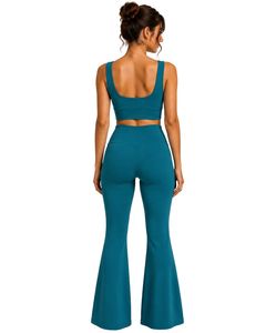Manufacturer Customized Teal Blue Womens Seamless Yoga Set <b>Flare</b> <b>Leggings</b> And Sports Bra Gym Workout Fitness Activewear Outfit - Product Image 2