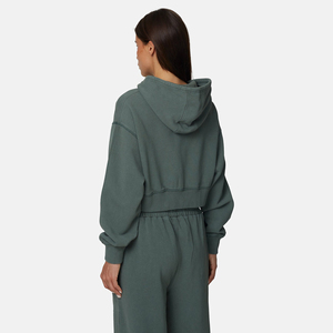 Women's <b>Cropped</b> Hooded <b>Zip</b>-<b>Up</b> Sweatshirt Solid Color Fleece Long Sleeve Autumn Casual Wear - Product Image 2