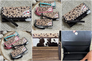 Nuevo y Elegante Bolso de Mano Tipo Clutch de Cuero Vacuno Hecho a Mano con Diseño Floral Grabado y Detalle de Cartas de Póker para Mujer - Product Image 3