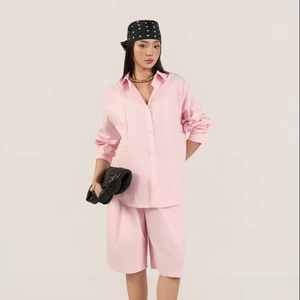 Conjunto de 2 Piezas para Mujer, Camiseta de Manga Larga y Pantalones Cortos de Popelina de Algodón, Lavado Enzimático, Estilo Casual Transpirable - Product Image 1