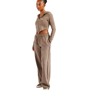 Women Two Piece Casual Set Long Sleeve Half Zip Collared Cropped Pullover Top Elastic Waist Wide Leg <b>Trousers</b> Lounge Outfit Cozy - Product Image 6