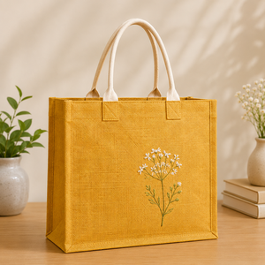 Sac fourre-tout en jute jaune avec fleurs brodées, grande taille, sac de shopping à porter à la main - Product Image 1