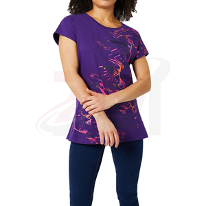 T-shirt pour femme à manches courtes, col rond, imprimé violet, coupe ample, décontracté, tricoté, 100% polyester, respirant, toutes saisons - Product Image 1