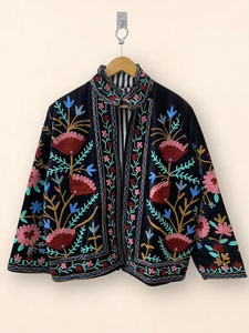 Blouson Bomber Vintage en Velours Suzani Brodé à la Main, Motif Floral Réversible, Style Bohème Court, Tenue Ethnique Automne Hiver en Lin - Product Image 1
