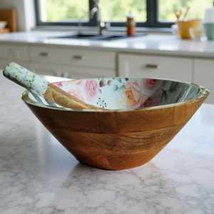 Hand Crafted Wooden Salad Bowl With Salad Servers Enamel <b>Dinnerware</b> Bowls for Kitchenware Available at Manufacturing Price - Product Image 6