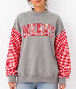 Sweat-shirt de Noël personnalisé pour femme, col montant, couleur unie, détail à carreaux vichy contrastant, manches longues, coupe ample, fabricant - Product Image 1