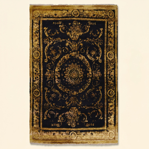 Tapis en laine tufté à la main noir et or, écologique, antidérapant, motif floral médaillon vintage, pour salon, chambre, hôtel de luxe - Product Image 1