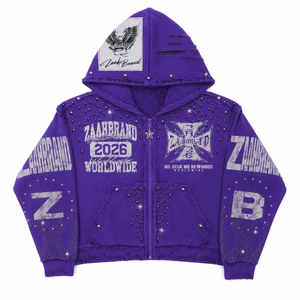 Sweat à capuche zippé personnalisé avec strass, délavage vintage, coupe oversize, streetwear, en molleton de coton épais, motif graphique vieilli, imperméable, pour homme - Product Image 1