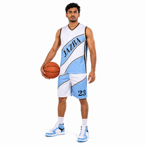Ensemble de maillot de basket personnalisé par sublimation pour homme, sans manches, col en V, short, tissu respirant et séchage rapide - Product Image 6