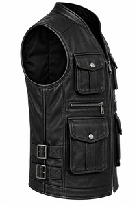 <b>Men's</b> <b>Black</b> PU Leather Moto <b>Vest</b> V-Neck Zipper Closure Plus Size Regular Fit Solid Color Outerwear - Product Image 3