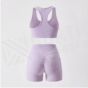 Lavender 2 Piece Yoga Set Racerback Crop <b>Top</b> High Waist Shorts Seamless Breathable Sportswear - Product Image 2