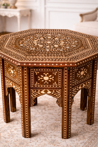 Table de chevet hexagonale artisanale en os incrusté, style ferme traditionnel, avec motif floral, pour mobilier de chambre - Product Image 3