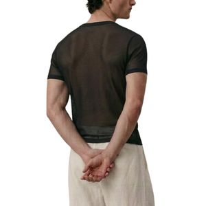 Chemises décontractées modernes pour hommes, à manches courtes, en maille filet transparente, col rond, style transparent, personnalisées - Product Image 4
