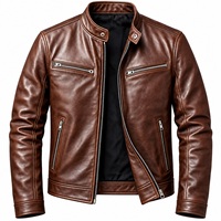 Blouson Bomber Homme en Cuir PU Écologique Style Moto avec Fermeture Éclair Col Rabattable Noir Uni avec Accents Marron 220g Automne