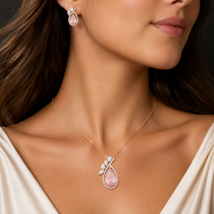 14ct Rose Gold Pink Quartz Diamond Pendant Earrings <b>Set</b> for <b>Women</b> High Polish Pear Shape Engagement Party Wedding Jewelry <b>Gift</b> - Product Image 1