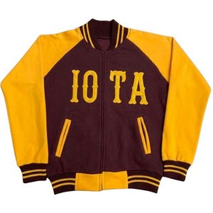 Chaqueta Varsity de Béisbol Iota de Forro Polar Marrón Dorado, Estilo Griego, para Fraternidad, Ajuste Premium y Elegante - Product Image 1