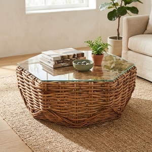 Mesa de Centro de Estilo Antiguo Tradicional Sakai, con Tapa de Ratán Tejido Natural, Muebles para Sala de Estar y Comedor - Product Image 3