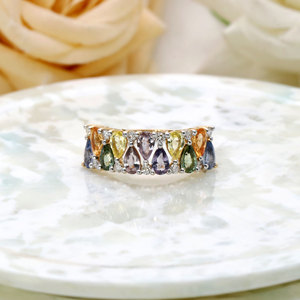 Anillo de oro amarillo de 14 quilates con racimo de diamantes y zafiros multicolor en forma de pera, joyería fina al por mayor, anillo de banda con gemas arcoíris para mujer - Product Image 3