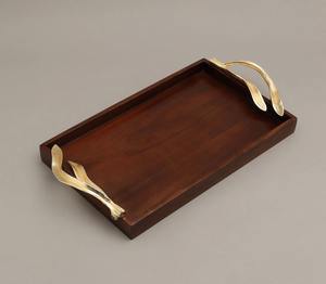 Bandeja de madera para servir con asas de metal, bandeja de madera de lujo, bandeja rectangular de madera para servir, bandeja decorativa para servir, bandejas de almacenamiento - Product Image 1