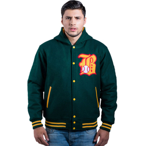 Custom Varsity <b>Jacket</b> Wholesale Wool Chenille Embroidered Letterman <b>Baseball</b> Hooded <b>Jacket</b> <b>Men</b> Green Streetwear OEM Manufacturer - Product Image 5