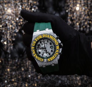 นาฬิกาข้อมือผู้ชายสุดหรู ประดับเพชรโมอิสซาไนต์ หน้าปัดโครโนกราฟแบบอนาล็อก สายยางสีเขียว ดีไซน์ครึ่งหนึ่งเป็นแบบเงา  ออกแบบพิเศษตามสั่ง นาฬิกาแฟนซี - Product Image 4