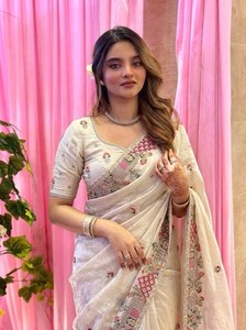 Heavy thread work saree Soft silk party wear saree Indian wedding saree set Designer embroidered saree - Product Image 6