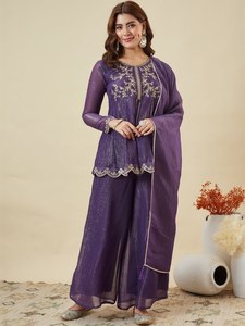 KURTI WITH PLAZZO & DUPATTA Product Details <b>Kurta</b> Fabric Crunchy <b>Silk</b> TOP LEBGTH 32 Plazzo Fabric - Product Image 3
