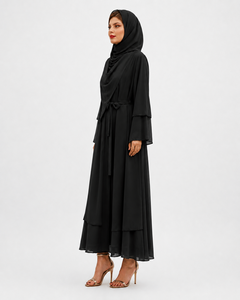 Caftan long pour femmes de qualité supérieure, en polyester et mousseline, avec ceinture, double couche, tissus doux. - Product Image 2