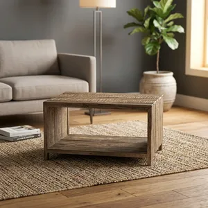 Table basse en bois rustique avec étagère ouverte, en bois recyclé fait main, finition naturelle vintage, table centrale rectangulaire pour salon - Product Image 4
