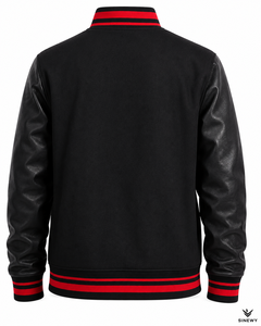 Veste varsity noire pour homme SINEWY, manches en cuir PU, couleur unie, col rabattu, vêtement décontracté pour l'automne - Product Image 2