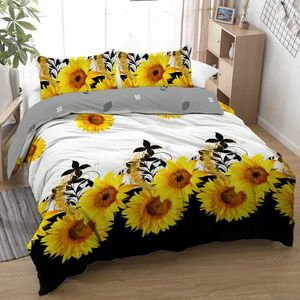 Parure de lit 3 pièces Tournesol sur fond noir et blanc, motif fleur jaune, en polyester, pour adultes, décoration de chambre, taille complète - Product Image 1